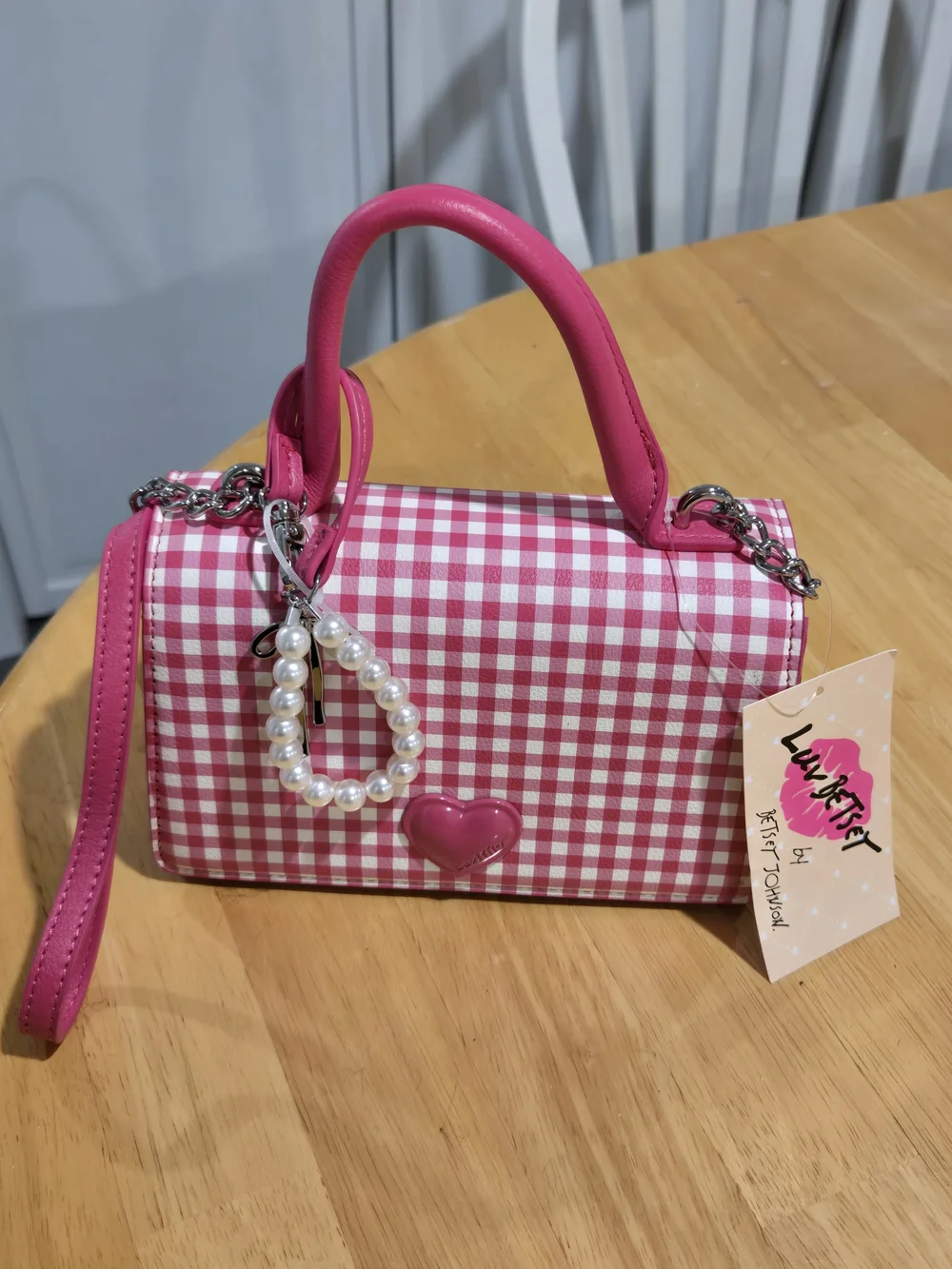 Pink Gingham Crossbody Bag with Heart Accent and Pearl Charm
